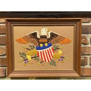 USA Eagle Patriotic Crewel Embroidery With Frame, Vintage Mid-Century American